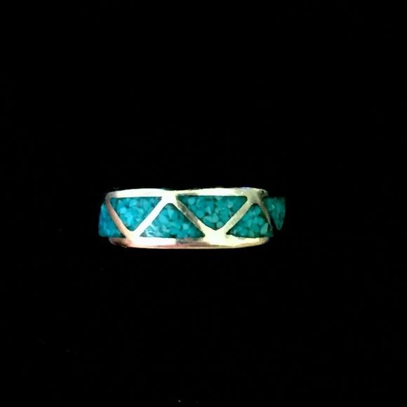 VTG Sterling Silver Southwest Crushed Turquoise Inlay Ring - Picture 4 of 13